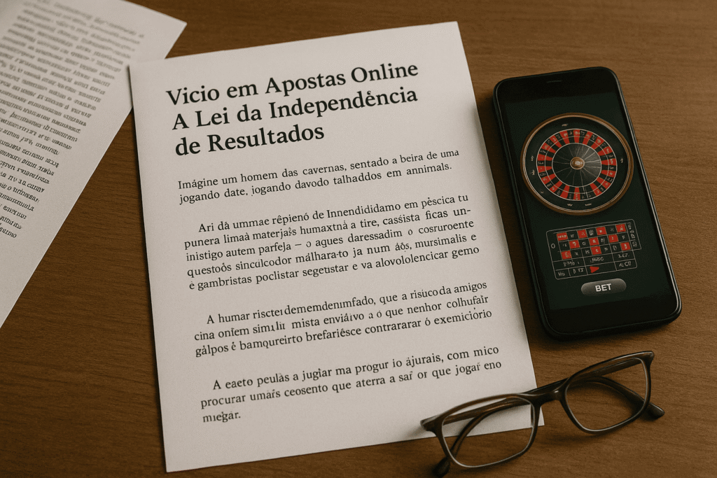 Imagem de uma folha com um titulo grande dizendo: Vício em Apostas Online A Lei da Independência de Resultados