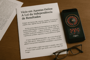 Imagem de uma folha com um titulo grande dizendo: Vício em Apostas Online A Lei da Independência de Resultados