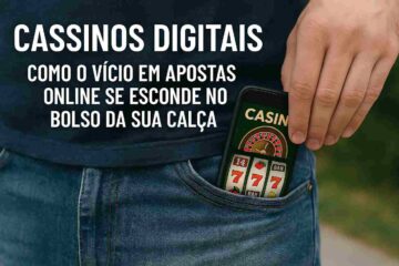 Homem colocando um celular no bolso e a seguinte frase escrita "Cassinos Digitais: Como o Vício em Apostas Online Se Esconde no Bolso da Sua Calça"