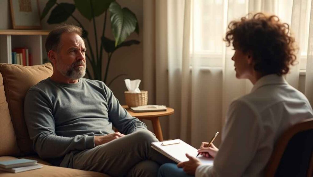 uma mulher atendendo um homem em um processo de psicoterapia com a demanda de vício em apostas online
