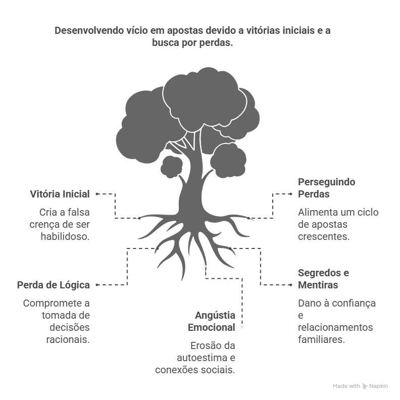 Imagem de uma árvore que monstra o desenvolvendo vício em apostas online devido a vitórias iniciais e a busca por perdas.