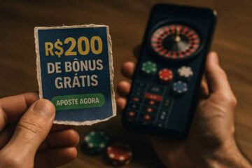 imagem de um papel a frente oferecendo bônus de apostas online e um celular telefone desfocado ao fundo.