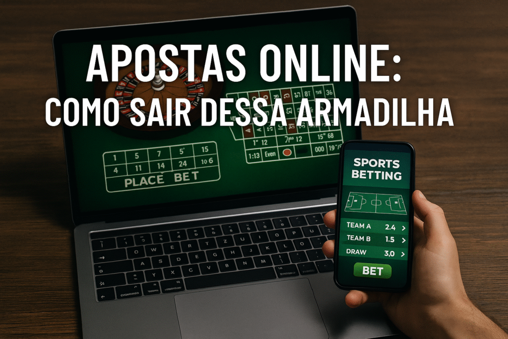 Celular e computador mostrando uma tela de jogo e o seguinte titulo na parte de cima: Apostas Online