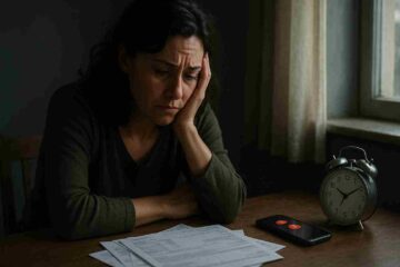 Mulher adulta, sentada sozinha em um ambiente interno, demonstrado está sofrendo de ansiedade generalizada. Ao redor da pessoa, elementos do cotidiano como contas, celular com notificações, relógio, representando as preocupações constantes.