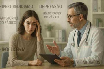 Pessoa sentada em um consultório médico, com expressão de confusão demonstrando ansiedade. Ao redor dela, surgem visualmente (em estilo sutil e realista). O médico aparece de forma acolhedora, explicando algo com um tablet. A atmosfera é séria, mas acolhedora, com luz natural entrando pela janela.