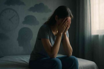 Mulher jovem sentada na beira da cama em um quarto com pouca luz natural, mãos no rosto, expressão de angústia e esgotamento. Ao fundo, sombras suaves nas paredes representam formas abstratas como relógios, nuvens escuras ou silhuetas de pensamento, sugerindo preocupações e ansiedade.