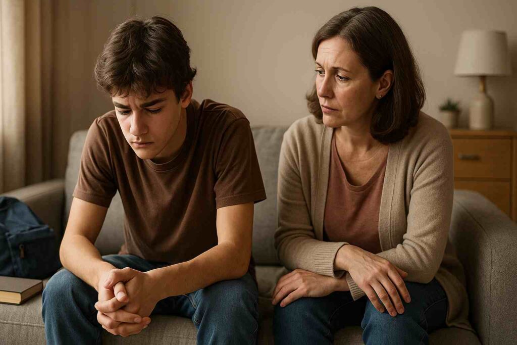 Um adolescente sentado em um sofá ou cama, com expressão tristeza, olhando para baixo. Ao lado, a mãe sentada próximo, com postura acolhedora e expressão de escuta, demonstrando apoio silencioso. A cena representa ansiedade em adolescentes.