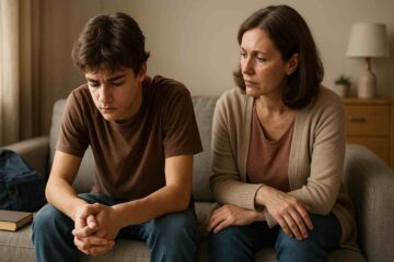 Um adolescente sentado em um sofá ou cama, com expressão tristeza, olhando para baixo. Ao lado, a mãe sentada próximo, com postura acolhedora e expressão de escuta, demonstrando apoio silencioso. A cena representa ansiedade em adolescentes.