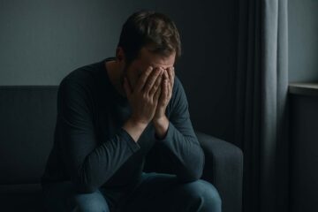 Homem adulto sentado sozinho em um ambiente fechado e pouco iluminado. Ele está com a cabeça baixa e as mãos cobrindo o rosto, transmitindo um sentimento de angústia e silêncio interno. Ansiedade em homens.