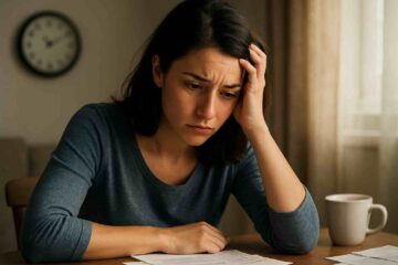 Uma mulher jovem, de expressão preocupada e pensativa, sentada em um ambiente doméstico simples. Ela segura a cabeça com uma das mãos, demonstrando cansaço e tensão. Ao redor dela, elementos sutis que simbolizam ansiedade, como um relógio marcando o tempo, uma xícara de café pela metade e papéis espalhados. Ansiedade em mulheres