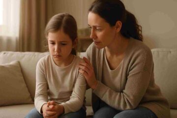 uma criança entre 6 anos sentada em um sofá, com expressão triste e ansiosa, mãos entrelaçadas. Ao lado, um a mãe sentada próximo, com expressão acolhedora. Ansiedade na infância