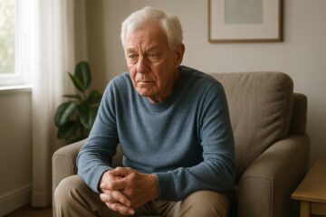 um idoso sentado em uma poltrona em uma sala de estar iluminada pela luz natural. O homem aparenta estar pensativo e um pouco preocupado, com as mãos levemente entrelaçadas no colo. (Ansiedade em Idosos)