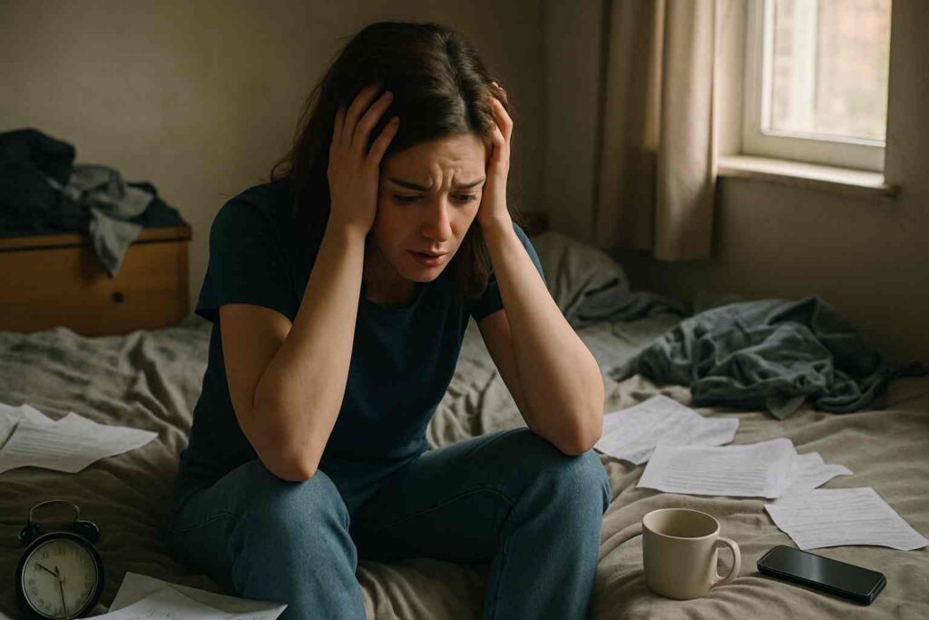 Uma mulher jovem, sentada na cama em um quarto com aparência bagunçada, segurando a cabeça com as mãos, mostrando expressão de preocupação e ansiedade. No fundo, há uma janela com luz do dia entrando, mas a pessoa parece isolada e desconectada do ambiente. Elementos como relógio, papéis espalhados, xícara de café e celular na cama representam as preocupações do dia a dia.
