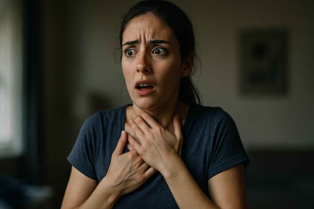 uma pessoa jovem, de aparência saudável, em um momento de crise de ansiedade. Ela está de pé em um ambiente fechado, com expressão de pânico: olhos arregalados, respiração ofegante, mão no peito ou pescoço como se estivesse tentando respirar melhor. O fundo é levemente desfocado, transmitindo confusão e desorientação. Elementos visuais sutis como suor na testa, músculos tensos nos ombros e mandíbula contraída reforçam os efeitos físicos da ansiedade. A iluminação é forte e contrastada, destacando o corpo e a expressão, como se o mundo ao redor estivesse fora de foco.