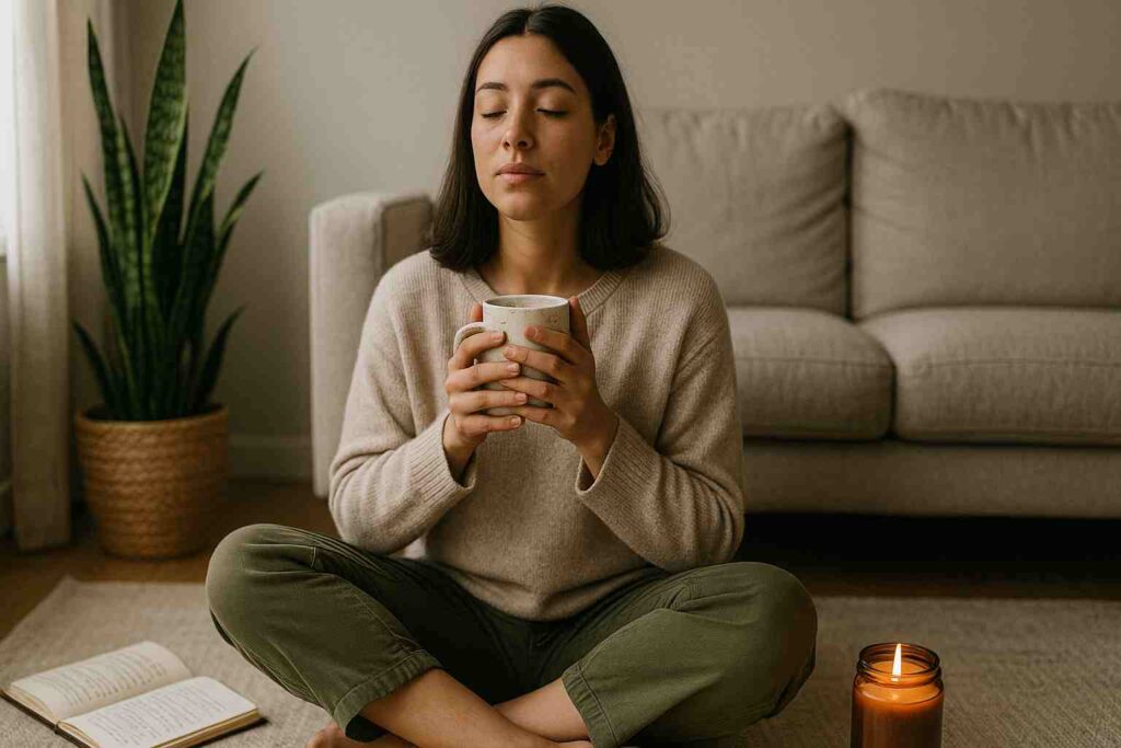 pessoa jovem em um momento de autocuidado para lidar com a ansiedade. Ela está sentada em posição confortável no chão de uma sala iluminada com luz natural suave, com uma xícara de chá nas mãos e olhos fechados, respirando profundamente. Ao fundo, há uma planta, um caderno aberto com anotações e uma vela acesa, transmitindo calma e acolhimento. A expressão facial é de alívio ou tranquilidade.