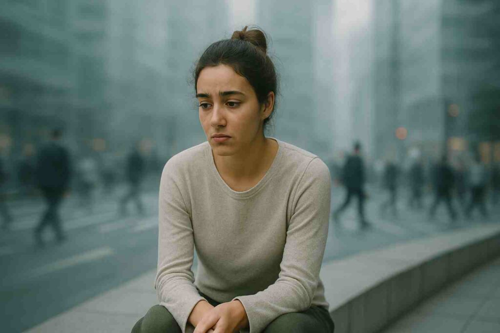 uma pessoa jovem, sentada em um ambiente urbano moderno, com expressão pensativa e levemente preocupada, olhando para baixo ou para o horizonte. Ao redor dela, elementos sutis que simbolizam a ansiedade, como sombras suaves, linhas desfocadas que simulam uma sensação de inquietação ou um fundo ligeiramente nebuloso. O cenário ao fundo mostra uma cidade movimentada, com pessoas passando apressadas, representando a pressão e o ritmo acelerado da vida atual. A luz é natural, mas um pouco fria, reforçando o clima de tensão silenciosa. A imagem transmite a urgência de falar sobre ansiedade na sociedade contemporânea, mostrando a solidão e o impacto emocional que essa condição pode trazer.