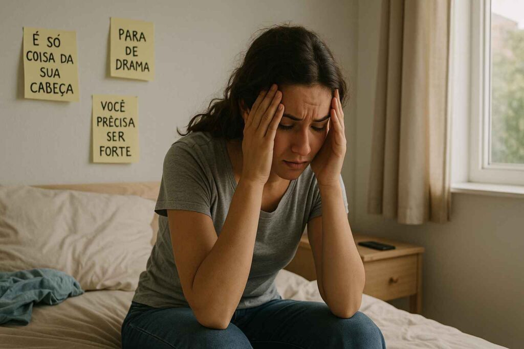uma jovem mulher sentada na cama com expressão de angústia. Ela segura a cabeça com as mãos, visivelmente abalada, em um quarto simples e levemente bagunçado. Ao fundo, há post-its colados na parede com frases como “é só coisa da sua cabeça”, “para de drama”, “você precisa ser forte”, representando julgamentos comuns. A luz natural entra pela janela de forma suave, criando um contraste entre o ambiente externo calmo e o turbilhão emocional da personagem. A cena transmite a mensagem de que ansiedade é um sofrimento real, apesar de ser frequentemente desacreditado.