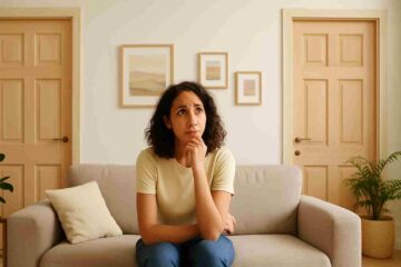 Uma pessoa sentada no meio de duas portas, olhando pensativa, com expressão de ansiedade e dúvida. O ambiente é uma sala clara, aconchegante e realista, com plantas e quadros nas paredes.