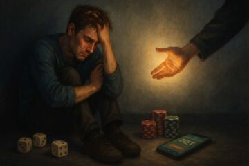 Homem sentado arrodeado de objetos que simbolizam vício em apostas e uma mão estendida para ajuda-lo