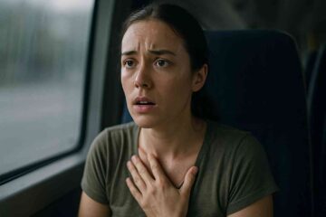 uma mulher jovem, sentada em um banco de ônibus, com expressão de preocupação e ansiedade no rosto. Ela está com respirando com dificuldade, olhos ligeiramente arregalados e suor na testa. A luz é suave, mostrando o clima tenso e o desconforto emocional, representando uma crise de ansiedade.