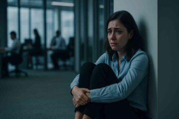 Uma mulher jovem sentada sozinha no chão de um escritório, com as costas encostadas na parede, abraçando os joelhos, com expressão de pânico e lágrimas nos olhos, tendo uma crise de ansiedade. A iluminação é fria e contrastada, destacando a sensação de isolamento. Ao fundo, colegas trabalham normalmente, sem notar sua presença.