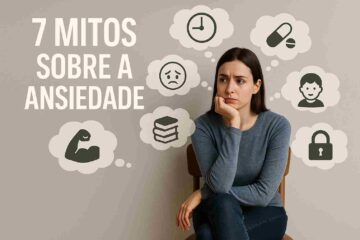 Uma imagem realista e bem iluminada mostrando uma pessoa sentada em uma cadeira, com expressão pensativa e levemente preocupada. Ao redor dela, sete pequenas nuvens de pensamento ou balões de diálogo com símbolos que representem diferentes mitos sobre ansiedade.