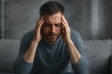 pessoa sentada, segurando a cabeça com as duas mãos, demonstrando sinais claros de ansiedade. O rosto transmite preocupação, tensão e desconforto. Ao redor do corpo, surgem efeitos visuais sutis como linhas de vibração, fumaça leve ou sombras desfocadas, simbolizando sintomas físicos da ansiedade como tensão, aceleração do coração e desconforto. A imagem deve ter fundo levemente desfocado, sugerindo ambiente interno, como uma sala simples, para destacar a pessoa e suas emoções.