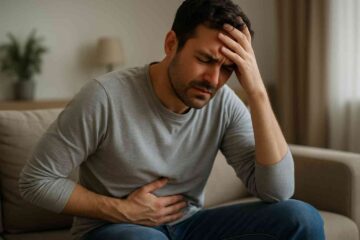 uma pessoa com expressão de ansiedade sentada em um ambiente doméstico simples. Ela segura a barriga com uma das mãos e a testa com a outra, mostrando desconforto. O rosto mostra tensão emocional. Ao fundo, o ambiente está levemente desfocado para dar destaque à expressão corporal.