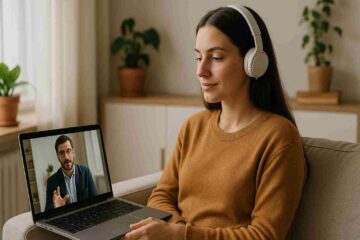 Mulher jovem sentada em um ambiente tranquilo de casa, olhando para a tela de um notebook em uma sessão de terapia online. Ela está com fones de ouvido, expressão serena e confiante, em uma videoconferência com um psicólogo visível na tela.