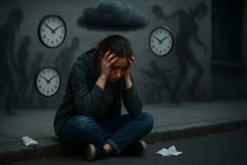 uma pessoa jovem em um ambiente urbano, visivelmente sobrecarregada. Ela está sentada na calçada com a cabeça entre as mãos, cercada por elementos simbólicos que representam os cinco sinais de ansiedade extrema: relógios flutuando para representar preocupação excessiva com o tempo, papéis amassados simbolizando dificuldades de concentração, sombras distorcidas ao fundo representando pensamentos catastróficos, ansiedade.