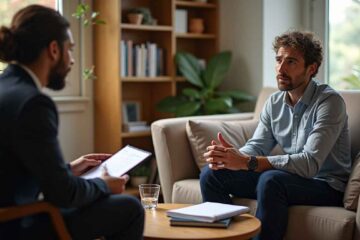 Uma imagem realista que mostra uma sessão de terapia voltada para o tratamento do vício em apostas online. Um paciente adulto homem está sentado em um sofá, conversando com um terapeuta profissional que faz anotações. Sobre uma mesa próxima, há um notebook aberto com uma página de site de apostas pausada e um celular virado para baixo ao lado. O ambiente é um consultório aconchegante, com iluminação suave, livros, plantas e cores quentes. O clima é sério, mas transmite esperança, mostrando apoio emocional e orientação profissional.