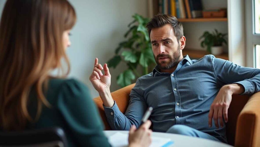 Uma cena realista de uma sessão de psicoterapia em um consultório moderno e acolhedor. Um homem na faixa dos 30 anos está sentado em um sofá, com expressão preocupada, falando com um psicólogo que escuta com atenção e faz anotações. A luz é suave, o ambiente é calmo, com tons neutros e detalhes como livros e plantas ao fundo. A imagem transmite reflexão e conexão humana (tratamento para vício)