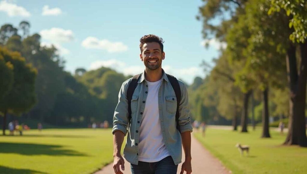 um homem sorridente caminhando ao ar livre em um parque, com expressão de leveza e alívio, simbolizando recuperação após o vício em apostas. O ambiente é ensolarado, com árvores verdes, céu azul e pessoas ao fundo vivendo suas rotinas. O homem está bem vestido de forma casual, com postura confiante. A imagem transmite esperança, liberdade e qualidade de vida após a superação e tratamento do vício em apostas.