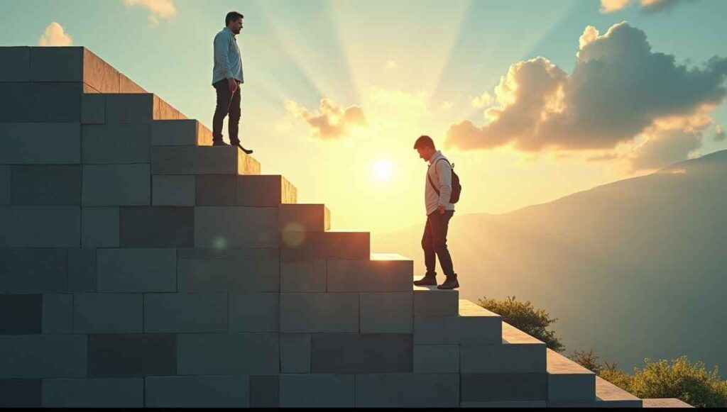 Uma escada feita de blocos. Um homem em processo de recuperação sobe esses degraus lentamente, com expressão determinada. Ao fundo, uma paisagem suave e iluminada representa um novo começo.