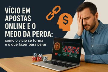 Homem sentado em frente a um computador com a mão no rosto. Uma frase no lado esquerdo "Vício em apostas online e o medo da perda: como o vício se forma e o que fazer para parar"