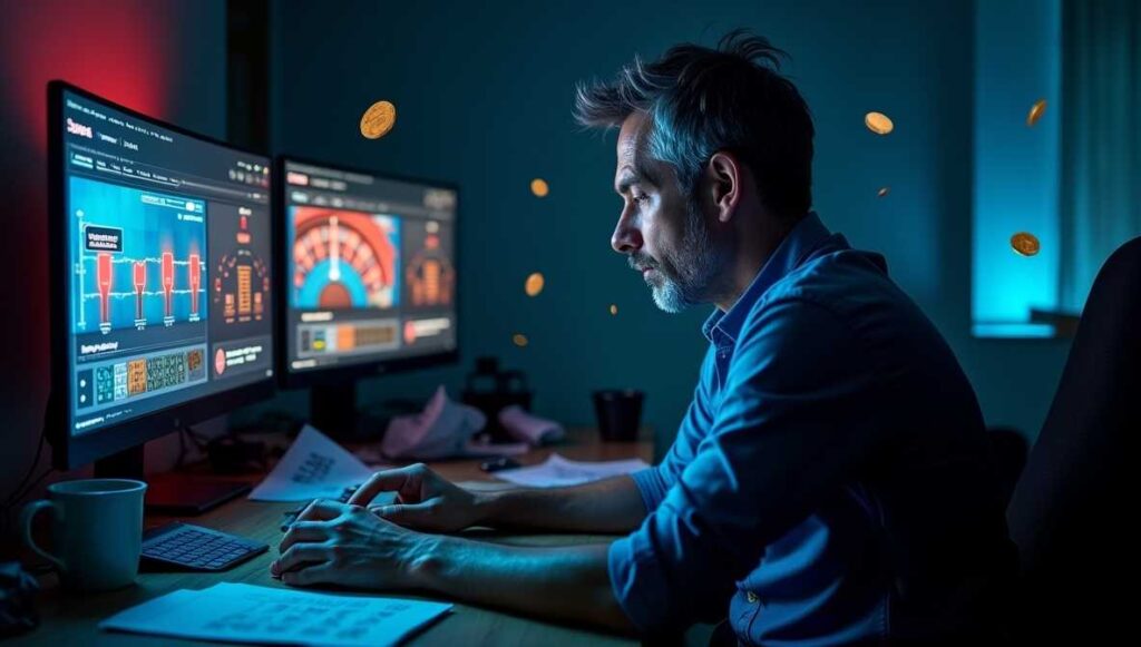 Homem sentado na frente do computador com olhar preocupado (vício em apostas)