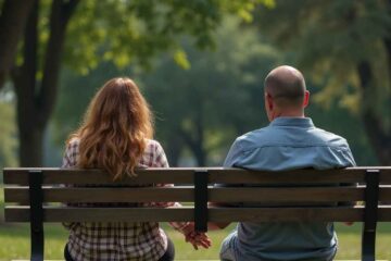 duas pessoas, um homem e uma mulher, sentados de costas em lados opostos de um banco em um parque. Amizade com ex