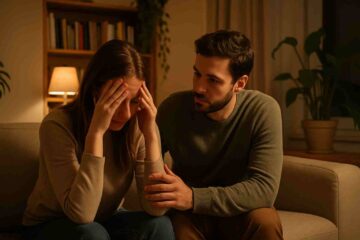 casal sentado no sofá de uma sala, com expressões de preocupação. Um dos dois está com as mãos na cabeça, demonstrando ansiedade. O outro olha com empatia, tentando confortar. A iluminação é suave, o ambiente é doméstico e acolhedor.