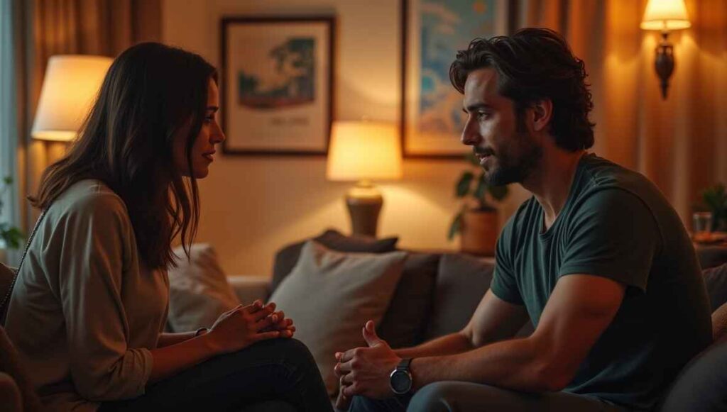 um homem e uma mulher sentados frente a frente em um ambiente tranquilo e acolhedor, como uma sala. As expressões são sérias, mas calmas, indicando uma conversa importante e respeitosa. Como terminar um relacionamento