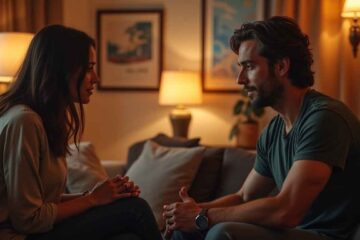 um homem e uma mulher sentados frente a frente em um ambiente tranquilo e acolhedor, como uma sala. As expressões são sérias, mas calmas, indicando uma conversa importante e respeitosa. Como terminar um relacionamento