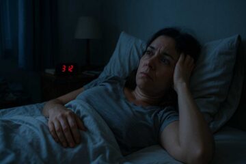 Uma mulher adulta deitada na cama durante a noite, com expressão de preocupação, olhos abertos olhando para o teto, luz suave azulada vinda da janela indicando que é madrugada. Ao lado da cama, um relógio digital marcando 3:12 da manhã. No quarto, ambiente simples e escuro, com uma leve bagunça que sugere tensão do dia. Ansiedade e insônia.