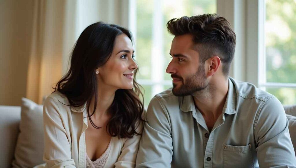um casal sentado frente a frente. Ambos estão com expressões de atenção, conversando com respeito na tentativa de recuperar um relacionamento