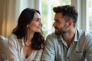 um casal sentado frente a frente. Ambos estão com expressões de atenção, conversando com respeito na tentativa de recuperar um relacionamento