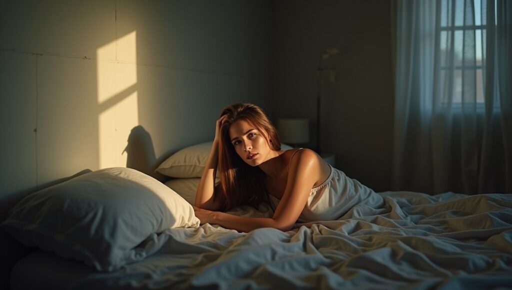 Uma mulher adulta sentada sozinha na beira de uma cama em um quarto silencioso, com expressão de tristeza e reflexão simbolizando que a relação acabou.